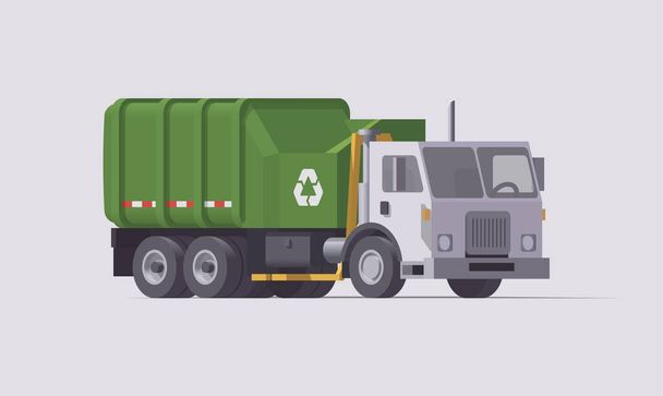Vector green garbage truck. Side loader. Isolated illustration. Collection - Vector, Image