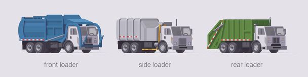 Set camion della spazzatura vettoriale. Caricatore laterale anteriore e caricatore posteriore. Illustrazione isolata Collezione - Vettoriali, immagini