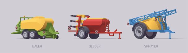 Conjunto de máquinas agrícolas vectoriales. Empacadora cuadrada grande, sembradora y pulverizador arrastrado. Ilustración aislada. Colección - Vector, Imagen