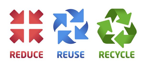 Vektor redukuje sadu symbolů opětovného použití. Červené, modré a zelené ikony na bílém pozadí. Kolekce - Vektor, obrázek