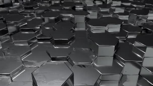 ランダムな表面レベルの床背景に抽象的な黒金属ハニカム。コピースペース。3Dイラストレンダリング。4K動画グラフィック映像。シームレスなループ - 映像、動画