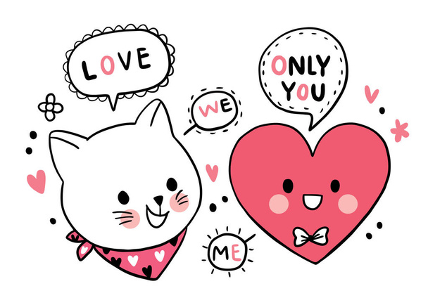Mano dibujar dibujos animados lindo día de San Valentín, Gato y vector de corazón grande. - Vector, imagen