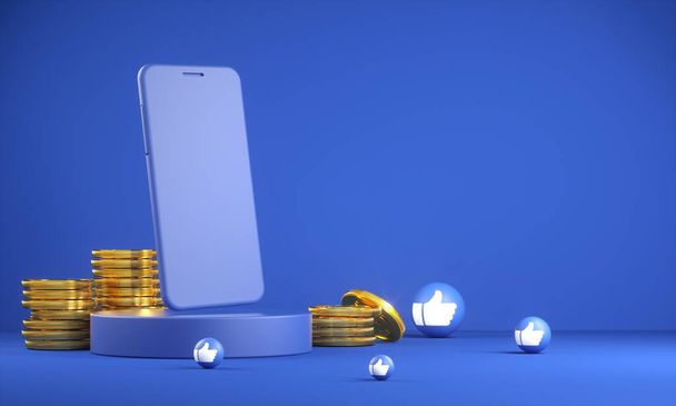 Smartphone-Attrappe mit Goldmünze und Emoji-Ikone - Foto, Bild