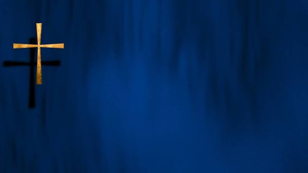 Croce cristiana d'oro liturgica su spazio copia. Illustrazione 3D per il culto online sermone della chiesa in diretta streaming sul tempo di lutto e il giorno di tutte le anime. Concetto di requiem Messa e dolore. - Foto, immagini