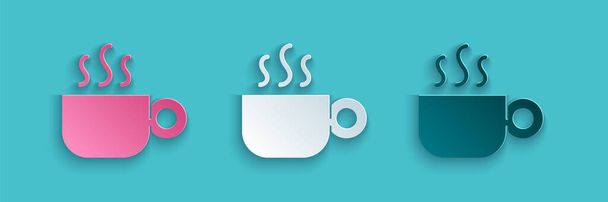 Paper cut Coffee cup icon isolated on blue background. Tea cup. Hot drink coffee. Paper art style. Vector. - Vektör, Görsel
