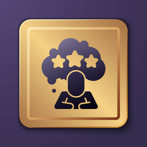 Purple Five stars customer product rating review icon isolated on purple background. Favorito, mejor calificación, símbolo de premio. Botón cuadrado dorado. Vector. - Vector, imagen