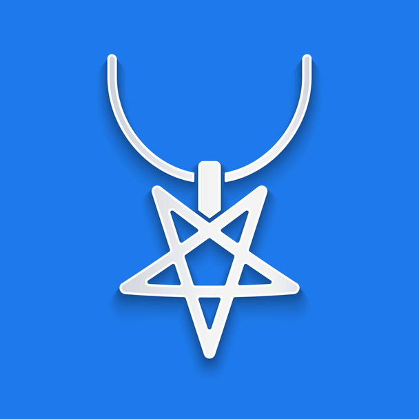 Carta tagliata Pentagramma sull'icona della collana isolata su sfondo blu. Simbolo magico della stella occulta. Stile cartaceo. Vettore. - Vettoriali, immagini