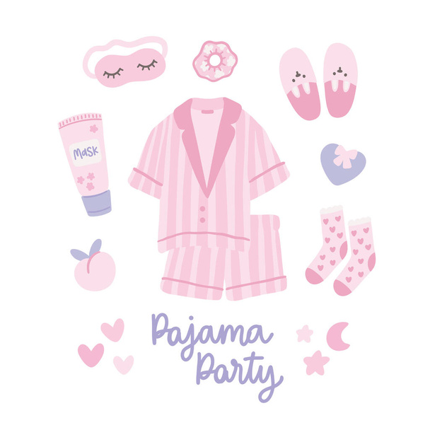 Set von Dingen für Pyjama-Party. Schöne Pyjamas, Schlafmaske, Hausschuhe, Haarband, Gesichtsmaske, Socken, Herz und Pfirsich. Vektor-Illustration isoliert auf weißem Hintergrund. - Vektor, Bild