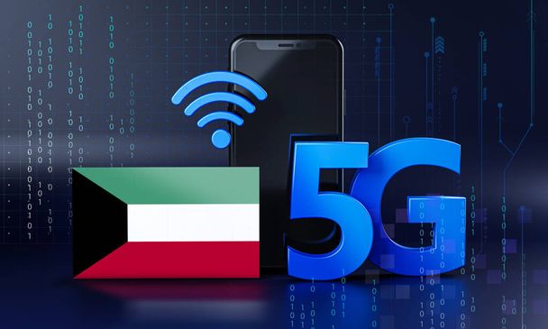 Kuwejt gotowy na połączenie 5G. 3D Rendering Smartphone Technologia Tło - Zdjęcie, obraz