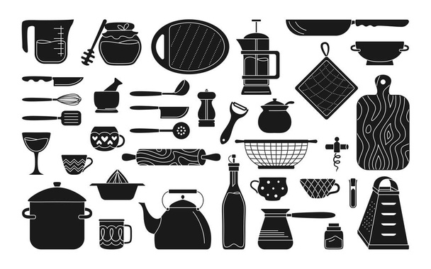 Cookware kitchen tools black line set tools dishes - Vector, Image