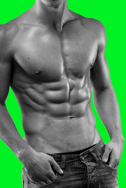 Imagem em preto e branco. Torso nu do modelo masculino, mostrando seis pack abs, isolado na tela verde cromo fundo chave. - Foto, Imagem