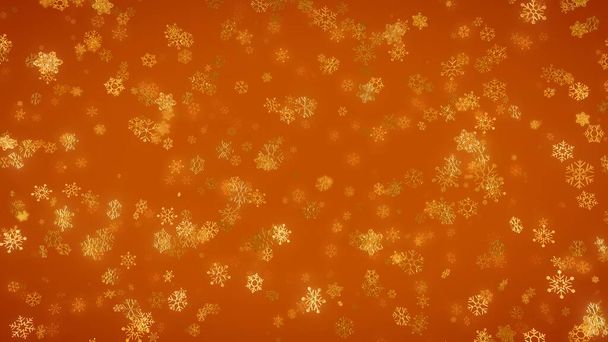 Gouden sneeuwvlokken schitteren glitter achtergrond met bokeh effect en selectieve focus. Feestelijke kerst en oudejaarsavond behang concept als een helder goud op oranje full-frame abstracte backplate. - Foto, afbeelding