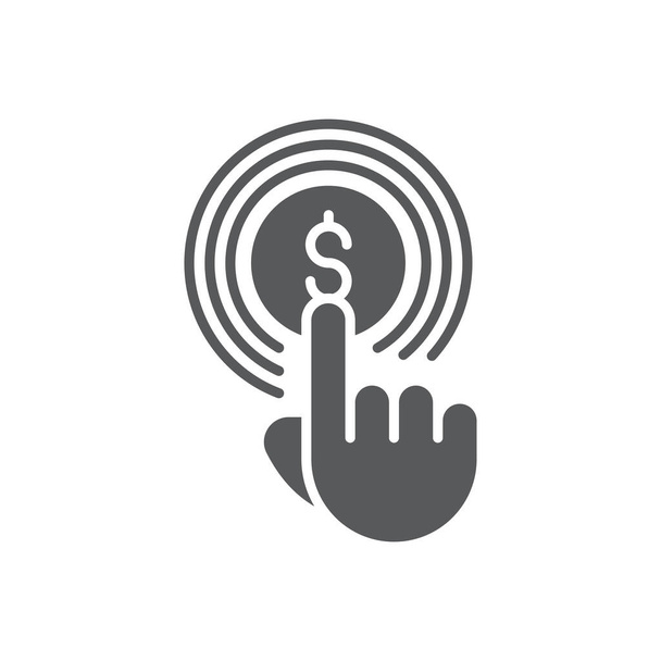 Рука с помощью сенсорного экрана и монеты значок, цвет, линия, контур векторный знак, линейный стиль пиктограмма изолированы на белом. Символ, иллюстрация логотипа - Вектор,изображение