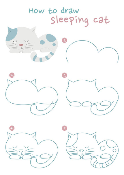 Πώς να σχεδιάσετε μια κοιμώμενη γάτα διανυσματική απεικόνιση. Ζωγράφισε ένα κοιμισμένο γατάκι βήμα-βήμα. Χαριτωμένος οδηγός σχεδίου γάτας. Χαριτωμένος και εύκολος οδηγός σχεδίου. - Διάνυσμα, εικόνα
