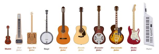 Kytara nastavena. Realistické kytary různých typů na bílém pozadí. Hudební nástroje. Vektorová ilustrace. Kolekce - Vektor, obrázek
