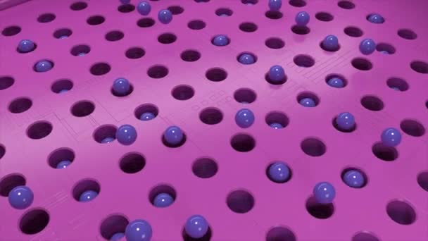Lilac spheres jump from the pink rows of holes and falling down. Animation. Abstract field with moving balls, concept of simple video game.  - Footage, Video