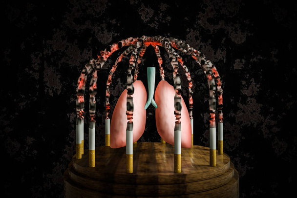 Sigaretten verlicht in kooivorm houden een gevangene long vast op houten ronde tafel met een gebarsten muurachtergrond. Geen rokers dag wereld, 31 mei of stoppen met roken of stoppen met roken concept 3D illustratie - Foto, afbeelding