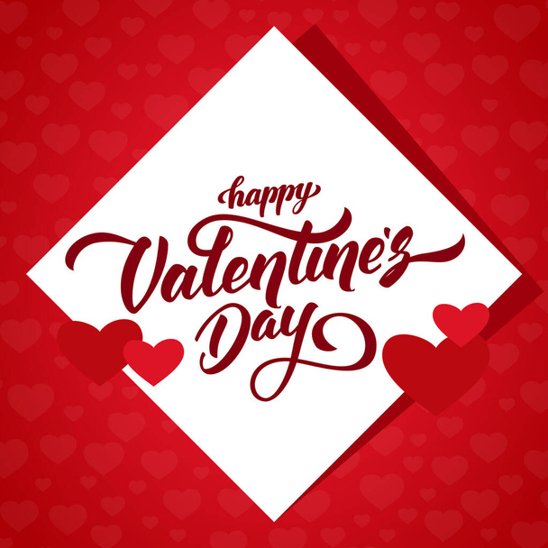 Vector illustration: Romantic greeting card with handwritten elegant lettering of Happy Valentine's Day on white sticker background. - Vektor, obrázek