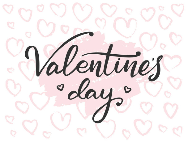 Happy Valentines Day. Handwritten modern brush Lettering on grunge hand drawn hearts background. Vector illustration. - Vector, Image