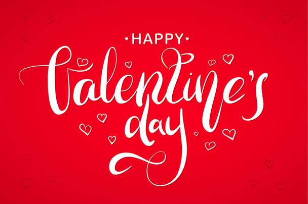 Happy Valentines Day handwritten modern brush lettering with hand drawn hearts on red background. Vector illustration. - Vektor, obrázek