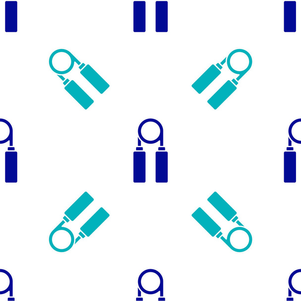Blaues Sport-Expander-Symbol isoliert nahtloses Muster auf weißem Hintergrund. Sportgeräte. Vektorillustration. - Vektor, Bild