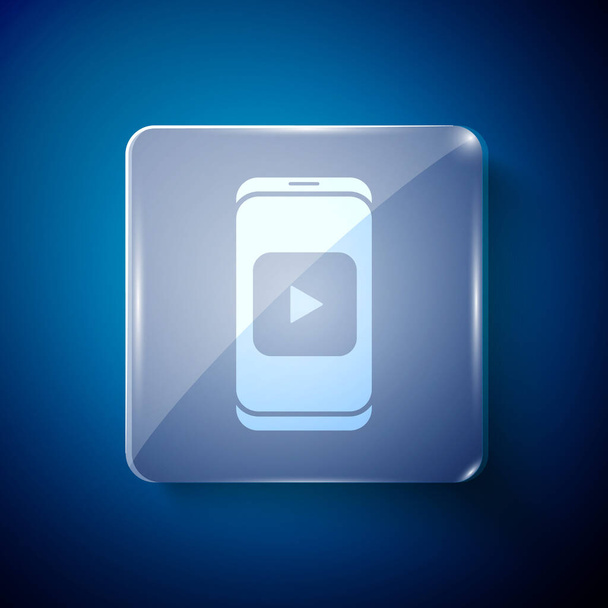 White Online play video icon isolated on blue background. Smartphone and film strip with play sign. Square glass panels. Vector Illustration. - Vector, imagen