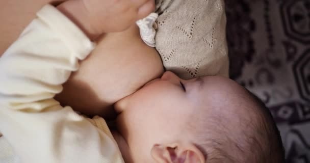 moeder borstvoeding baby thuis. moederschaps- en kraamzorgconcept. Vrolijke moeder genieten van borstvoeding - Video