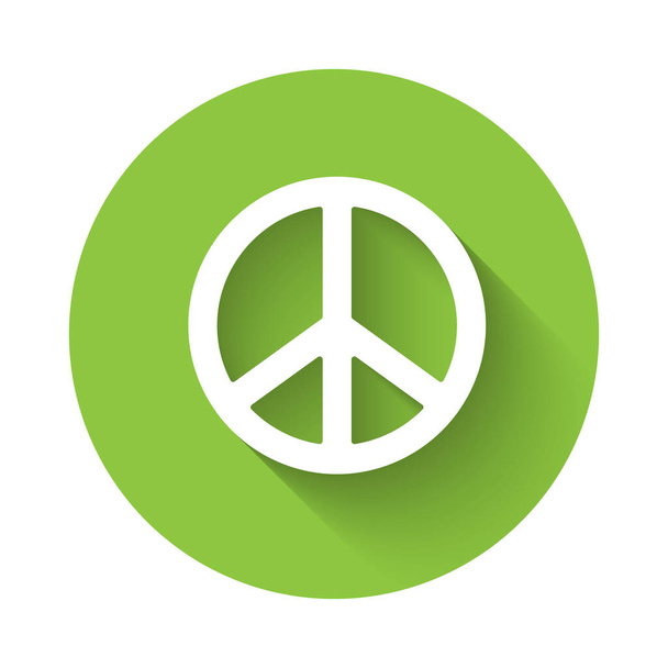 Valkoinen Rauhan ikoni eristetty pitkä varjo. Rauhan hippi symboli. Vihreä ympyrä nappi. Vektori. - Vektori, kuva