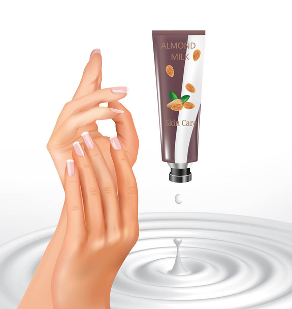 Woman hands with almond hand cream. vector illustration - Vector, Image