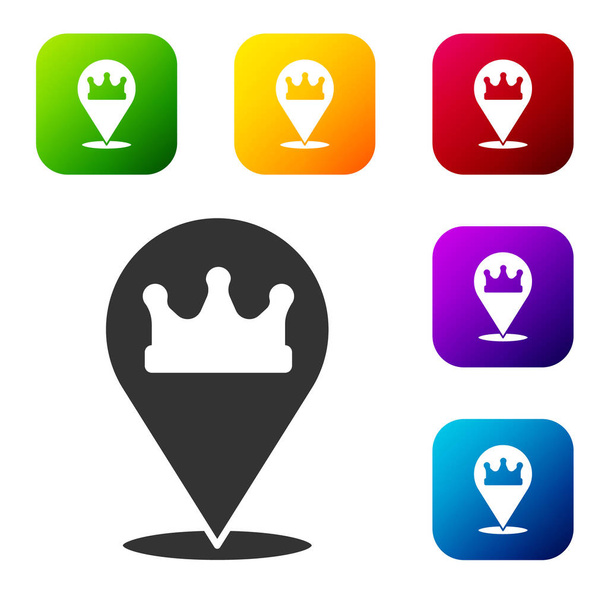 Black Location re corona icona isolata su sfondo bianco. Imposta le icone nei pulsanti quadrati a colori. Vettore. - Vettoriali, immagini