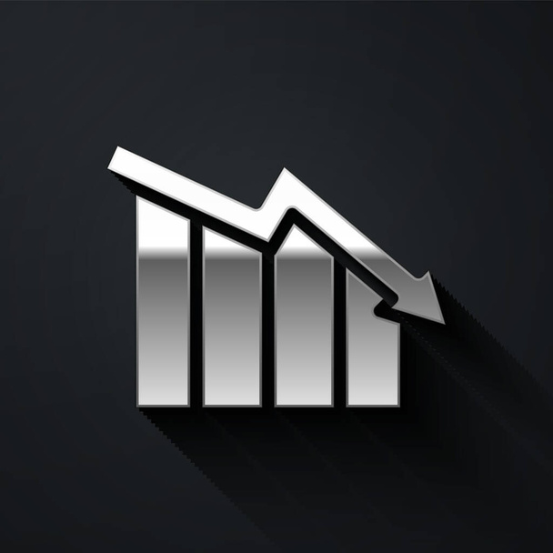 Silver Financial growth decrease icon isolated on black background. Increasing revenue. Long shadow style. Vector. - Vector, Image