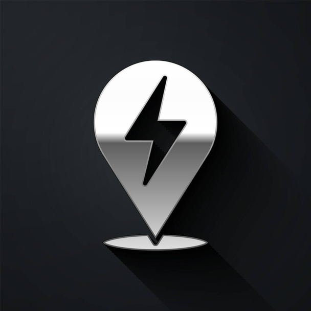 Silver Lightning bolt icon isolated on black background. Flash icon. Charge flash icon. Thunder bolt. Lighting strike. Long shadow style. Vector. - Vector, Image
