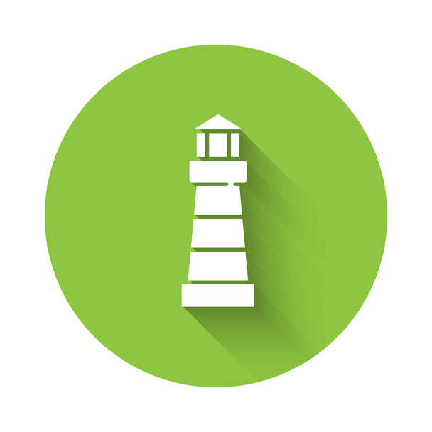 Ikone des Weißen Leuchtturms isoliert mit langem Schatten. Grüner Kreis-Knopf. Vektor. - Vektor, Bild