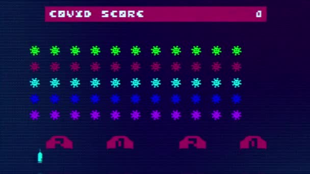 Vintage pixel art ufo space battle video game meets coronavirus covid-19 με θέμα Happy New Year greeting for 2021. Retro arcade στυλ 3d animation των εισβολέων του ιού επιτίθεται σε μια αμυντική σύριγγα εμβολίου - Πλάνα, βίντεο