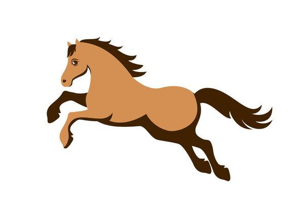 Krásný hnědý kůň s ikonovým vektorem. Hnědý kůň přeskakuje ikonu vektor. Stylizovaný hnědý kůň ikona izolované na bílém pozadí. Silueta hnědý koňský vektor - Vektor, obrázek