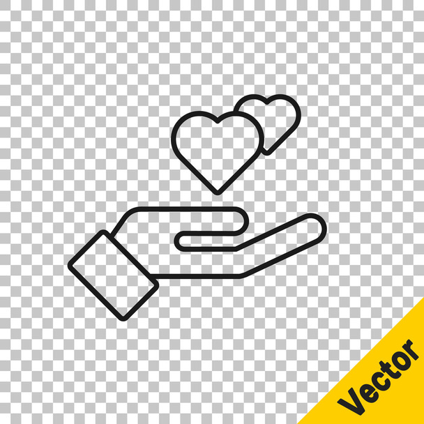 Black line Heart in hand icon isolated on transparent background. Hand giving love symbol. Valentines day symbol.  Vector. - Vector, Image