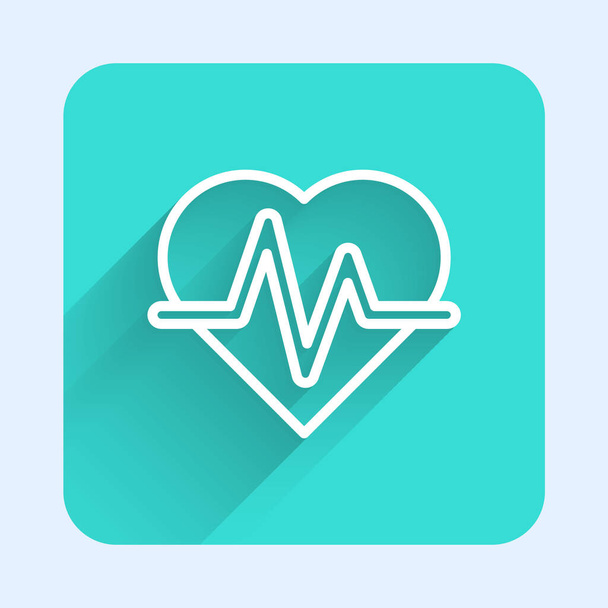 White line Heart rate icon isolated with long shadow. Heartbeat sign. Heart pulse icon. Cardiogram icon. Green square button. Vector. - Vector, Image