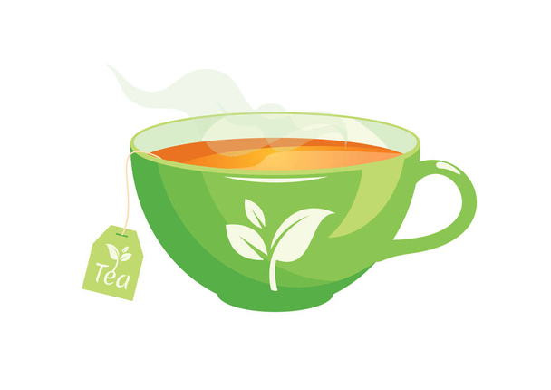 Зеленая чашка вектора икон горячего чая. Горячий чай в зеленом векторе чашки. Чайный пакетик в векторе кружки. Зеленая чашка со значком чайного листа на белом фоне - Вектор,изображение