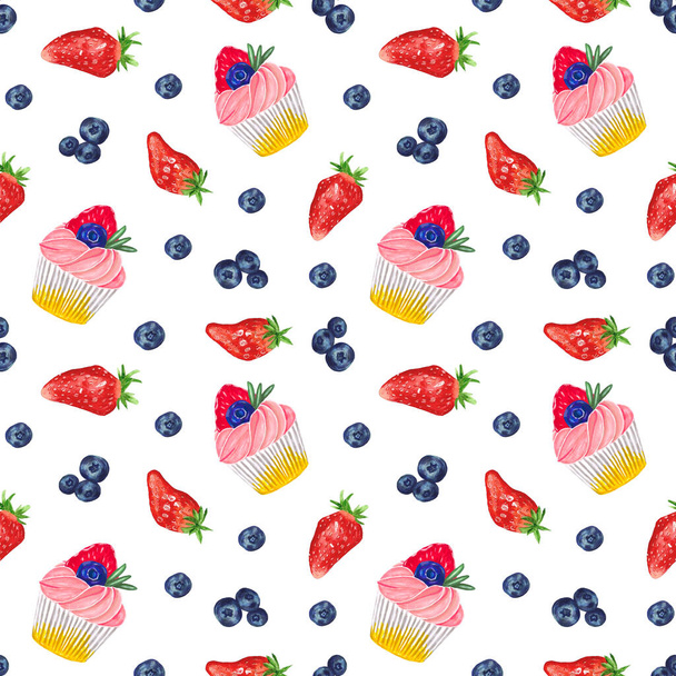 Strawberry cupcake pattern with blueberries. Delicate strawberry cream. Sweet home baked dessert. Patern for food packaging, baking, menu, scrapbooking, textiles - Foto, immagini