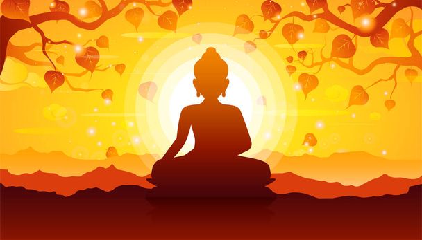 Buddha sitting under bodhi tree on sunset background-Magha Puja, Asanha Puja,Visakha Puja Day, Buddhist holiday concept.Vector Illustration - Vector, Image