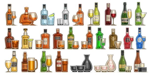 Vector Alcohol Set, vielseitige ausgeschnittene Abbildungen von Hard Spirituosen in Flaschen und Gläsern, Rot- und Weißwein im Weinglas, kaltes Ale und Pils im Pint Becher, Reissake im japanischen Glas - Vektor, Bild