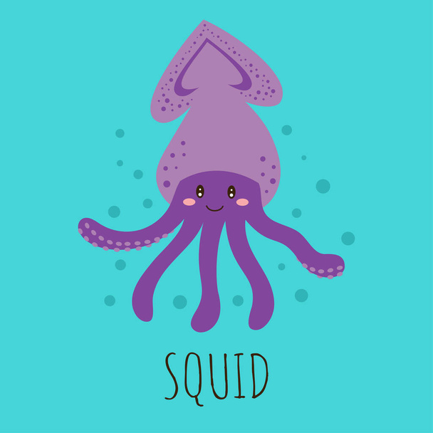 cute card with cartoon squid isolated, illustration sea animal for kids, vector illustration - Vector, imagen