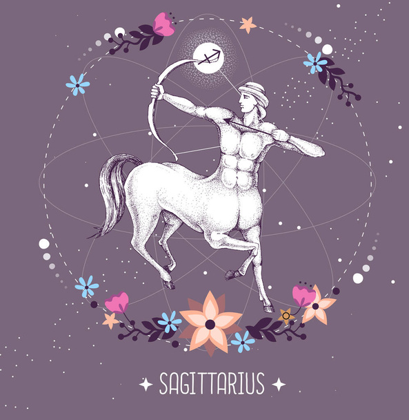 Modern magic witchcraft card with astrology Sagittarius zodiac sign. Realistic hand drawing centaur with Bow and arrow. - Вектор,изображение