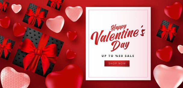 Valentine's day sale poster or banner with many sweet hearts and black color gift boxes on red color background. Promotion and shopping template or for love and valentine's day. - Vector, Image