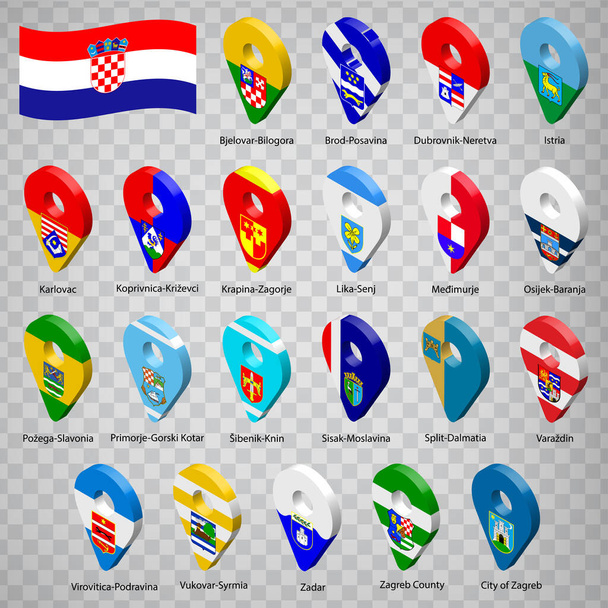 Dvacet jedna vlajky regionů Chorvatska - abecední pořadí s názvem. Soubor 3D geolokačních značek jako vlajky Regiony Chorvatsko. Dvacet jedna 3D geolokační značky pro váš design. EPS10 - Vektor, obrázek