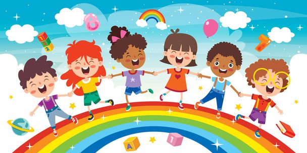 Multi étnicos niños jugando en arco iris - Vector, Imagen