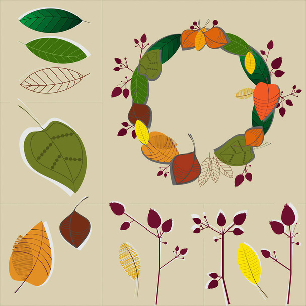Copie rasterisée : Ensemble d'éléments naturels (feuilles, branches) avec un exemple de création d'une couronne décorative - Photo, image