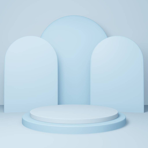 3d круглый подиум или пьедестал с синей пустой комнатой студии, минимальный фон продукта, шаблон макет для отображения, геометрическая форма - Фото, изображение