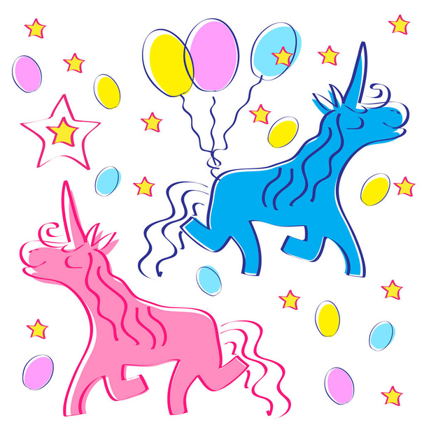 blue and pink unicorns on the background of balls and stars, vector - Photo, Image