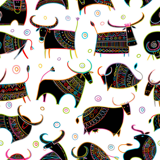 Funny bulls collection. Lunar horoscope sign. Happy new year 2021. Bull, ox, cow. Seamless pattern for your design - Вектор,изображение